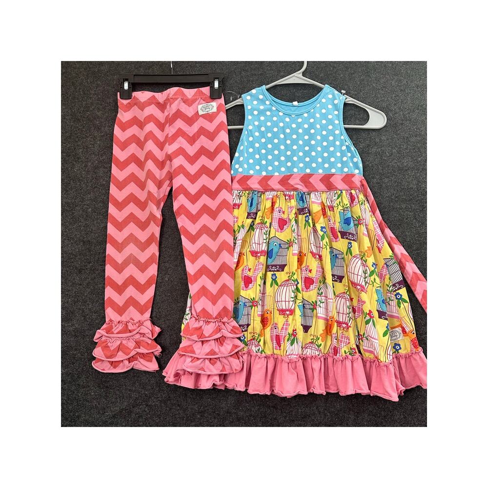 Girls Pink Chevron Ruffle Leggings & Blue Polka Dot Birdprint Dress Set